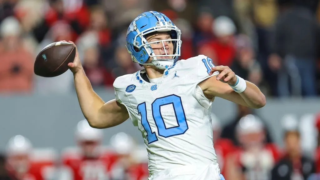 Drake Maye (10) passes the ball in an NCAA football game ,between University of North Carolina and NC State University, at Carter Finley Stadium, Raleigh, North Carolina.