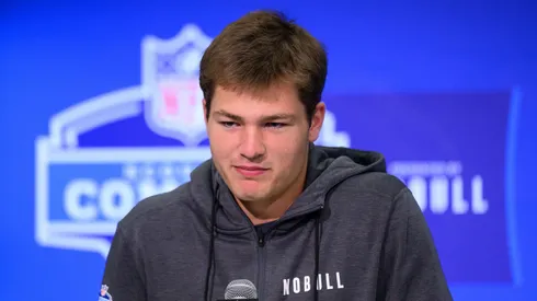 North Carolina quarterback Drake Maye answers questions from the media during the NFL, American Football Herren, USA Scouting Combine on March 1, 2024, at the Indiana Convention Center in Indianapolis, IN.