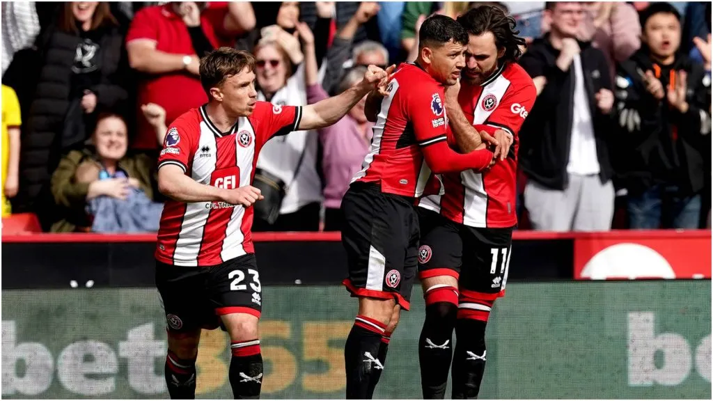 Sheffield United’s Gustavo Hamer (centre) celebrates with team-mates – IMAGO / PA Images