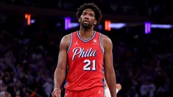 Joel Embiid #21 of the Philadelphia 76ers reacts late in game one of the Eastern Conference First Round Playoffs at Madison Square Garden on April 20, 2024 in New York City. The New York Knicks defeated the Philadelphia 76ers 111-104.