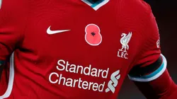 A remembrance Poppy is seen on the chest of Joe Gomez of Liverpool during the Premier League match between Liverpool and West Ham United at Anfield on October 31, 2020 in Liverpool, England.