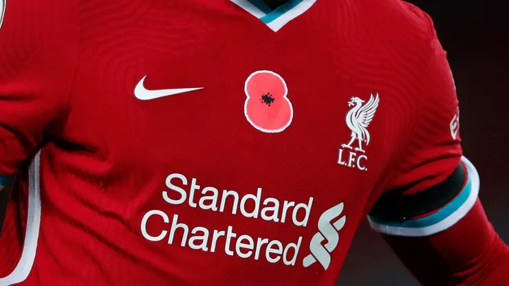 A remembrance Poppy is seen on the chest of Joe Gomez of Liverpool during the Premier League match between Liverpool and West Ham United at Anfield on October 31, 2020 in Liverpool, England.