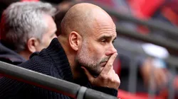 Pep Guardiola, Manager of Manchester City, looks on prior to the Emirates FA Cup Semi Final match between Manchester City and Chelsea at Wembley Stadium on April 20, 2024 in London, England.