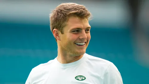 Zach Wilson #2 of the New York Jets warms up prior to a game against the Miami Dolphins at Hard Rock Stadium on December 17, 2023 in Miami Gardens, Florida.