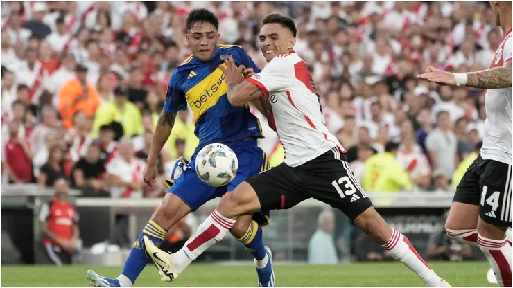 Luca Langoni of Boca Juniors vs Enzo Diaz of River Plate