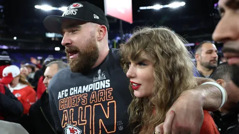 Travis Kelce, tight end of the Kansas City Chiefs, with Taylor Swift