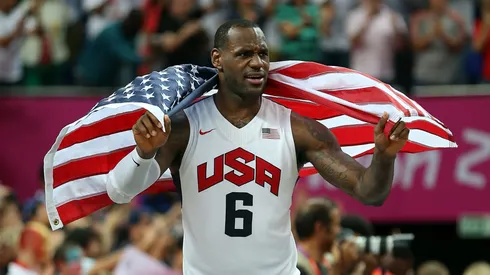 LONDON, ENGLAND - AUGUST 12: LeBron James #6 of the United States celebrates after the Men's Basketball gold medal game between the United States and Spain on Day 16 of the London 2012 Olympics Games at North Greenwich Arena on August 12, 2012 in London, England.