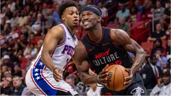Kyle Lowry of the Philadelphia 76ers guarding Miami Heat star Jimmy Butler.