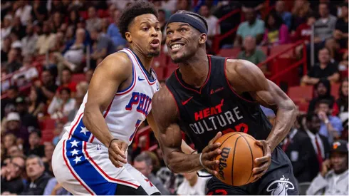 Kyle Lowry of the Philadelphia 76ers guarding Miami Heat star Jimmy Butler.