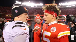 Joe Burrow #9 of the Cincinnati Bengals and Patrick Mahomes #15 of the Kansas City Chiefs meet on the field after the AFC Championship Game at GEHA Field at Arrowhead Stadium on January 29, 2023 in Kansas City, Missouri.