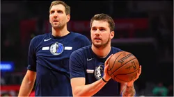 Dirk Nowitzki and Luka Doncic during a Dallas Mavericks practice