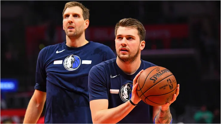 Dirk Nowitzki and Luka Doncic during a Dallas Mavericks practice