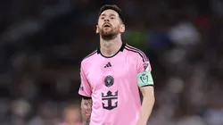 Lionel Messi #10 of Inter Miami reacts during the first half against Monterrey during CONCACAF Champions Cup 2024 Round of Sixteen second leg at BBVA Stadium on April 10, 2024 in Monterrey, Mexico.