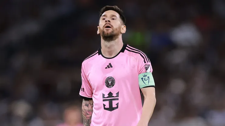 Lionel Messi #10 of Inter Miami reacts during the first half against Monterrey during CONCACAF Champions Cup 2024 Round of Sixteen second leg at BBVA Stadium on April 10, 2024 in Monterrey, Mexico.