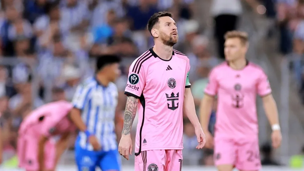 Lionel Messi #10 of Inter Miami looks on during the first half against Monterrey during CONCACAF Champions Cup 2024 Round of Sixteen second leg at BBVA Stadium on April 10, 2024 in Monterrey, Mexico.