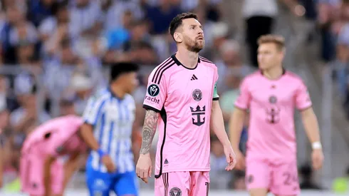 Lionel Messi #10 of Inter Miami looks on during the first half against Monterrey during CONCACAF Champions Cup 2024 Round of Sixteen second leg at BBVA Stadium on April 10, 2024 in Monterrey, Mexico.