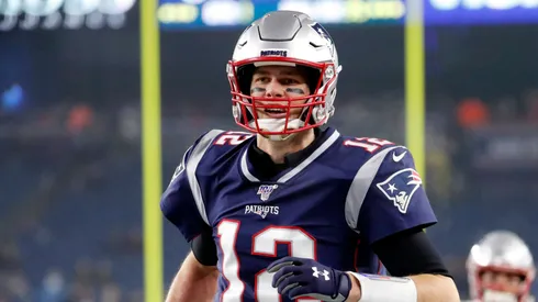 Tom Brady thanks the fans before an AFC Wild Card game between the New England Patriots and the Tennessee Titans on January 4, 2020, at Gillette Stadium in Foxborough, Massachusetts.