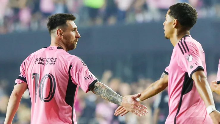 Inter Miami CF forward Lionel Messi (10)(L) shakes hands with midfielder David Ruiz (41) after a goal during the second half against the Colorado Rapids at Chase Stadium.