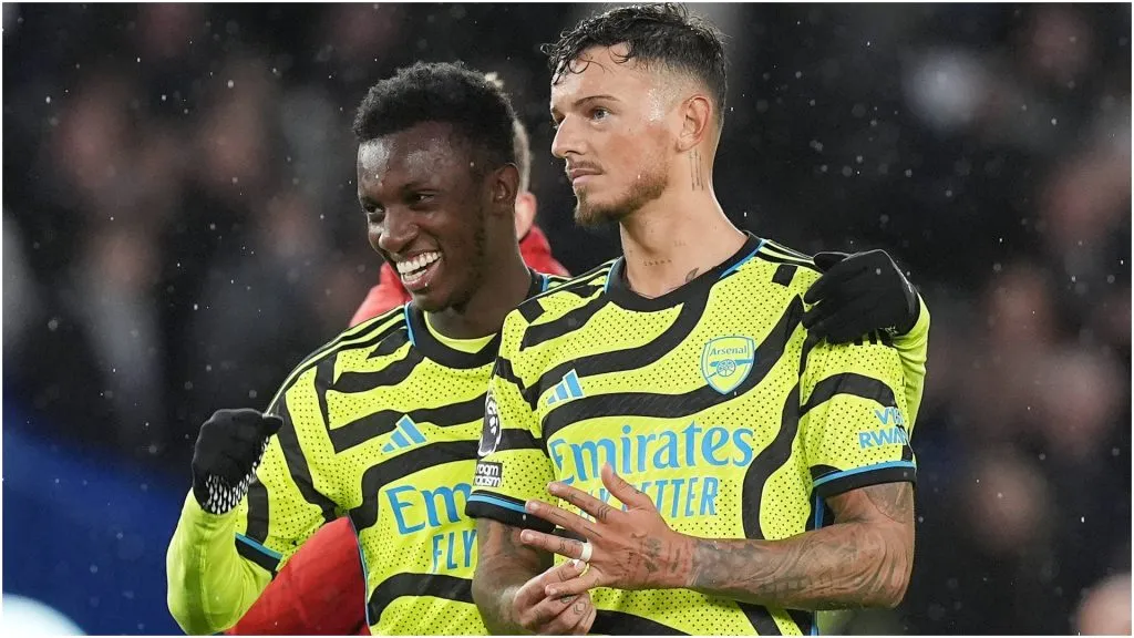 Arsenal’s Ben White (right) with Eddie Nketiah – IMAGO / PA Images