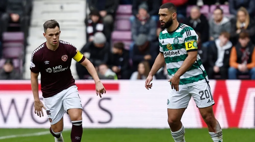 Heart of Midlothian v Celtic cinch Premiership Lawrence Shankland of Heart of Midlothian (left) closes in on Cameron Carter-Vickers of Celtic (right) during the cinch Premiership match at Tynecastle Park, Edinburgh Copyright: xFredxPalmerx FIL-19776-0089