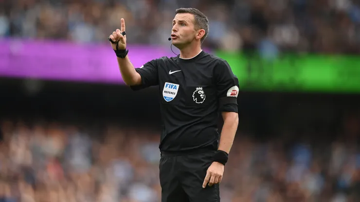 Match official Michael Oliver looks on during the Premier League match between Manchester City and Manchester United at Etihad Stadium on October 02, 2022 in Manchester, England.