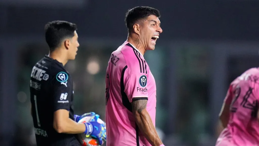 Luis Suárez #9 of Inter Miami reacts after a play during the first half against Monterrey in the quarterfinals of the Concacaf Champions Cup - Leg One at Chase Stadium on April 03, 2024 in Fort Lauderdale, Florida.
