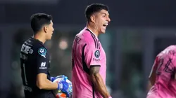 Luis Suárez #9 of Inter Miami reacts after a play during the first half against Monterrey in the quarterfinals of the Concacaf Champions Cup - Leg One at Chase Stadium on April 03, 2024 in Fort Lauderdale, Florida.