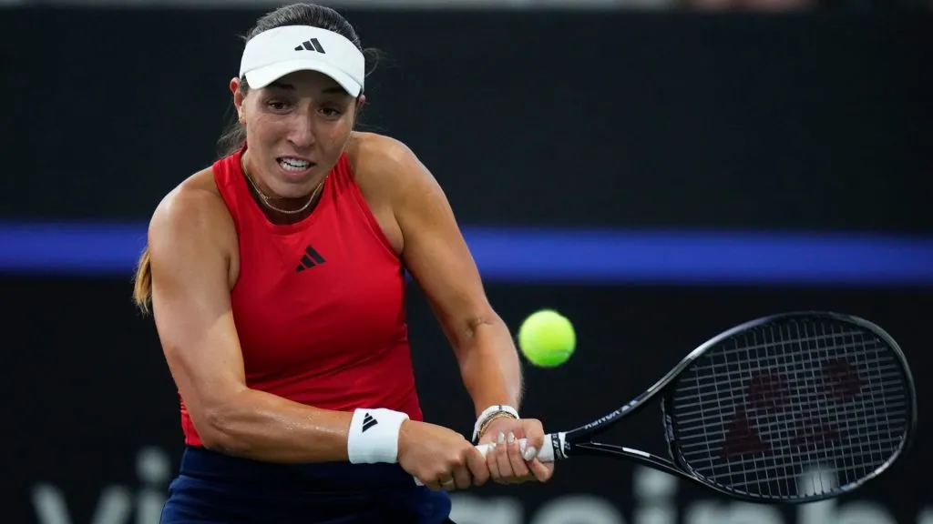 Jessica Pegula of team USA plays a backhand against Sofia Costoulas of Team Belgium during the Billie Jean King Cup Qualifier match between USA and Belgium at USTA National Campus on April 12, 2024 in Orlando, Florida.