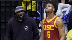 LeBron James #23 of the Los Angeles Lakers shouts to his son, Bronny James #6 of the USC Trojans, during Bronny's game against the California Golden Bears at Haas Pavilion on February 07, 2024 in Berkeley, California.