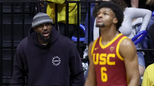 LeBron James #23 of the Los Angeles Lakers shouts to his son, Bronny James #6 of the USC Trojans, during Bronny's game against the California Golden Bears at Haas Pavilion on February 07, 2024 in Berkeley, California.