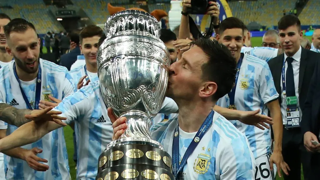 Lionel Messi celebrating the 2021 Copa America title with Argentina