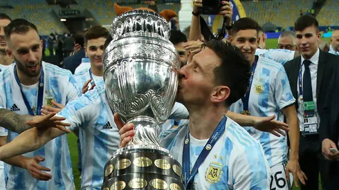 Lionel Messi celebrating the 2021 Copa America title with Argentina