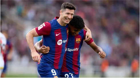 Robert Lewandowski of FC Barcelona celebrate with teammate