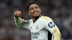 Jude Bellingham of Real Madrid celebrates after the team's victory and reaching the UEFA Champions League Final following the UEFA Champions League semi-final second leg match between Real Madrid and FC Bayern München at Estadio Santiago Bernabeu on May 08, 2024 in Madrid, Spain.