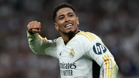 Jude Bellingham of Real Madrid celebrates after the team's victory and reaching the UEFA Champions League Final following the UEFA Champions League semi-final second leg match between Real Madrid and FC Bayern München at Estadio Santiago Bernabeu on May 08, 2024 in Madrid, Spain.