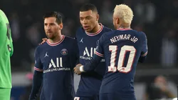Lionel Messi, Kylian Mbappe and Neymar Jr during the UEFA Champions League Round Of Sixteen Leg One match between Paris Saint-Germain and Real Madrid at Parc des Princes on February 15, 2022 in Paris, France.