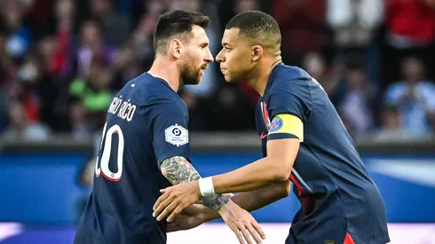 Lionel (Leo) MESSI of PSG and Kylian MBAPPE of PSG during the Ligue 1 match between Paris Saint-Germain (PSG) and Clermont Foot 63 at Parc des Princes.