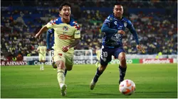 Alejandro Zendejas (L) of America fights for the ball with Erick Sanchez (R) of Pachuca
