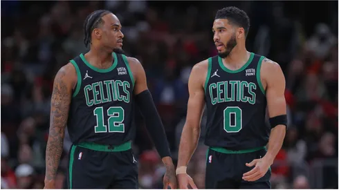 Oshae Brissett and Jayson Tatum of the Boston Celtics