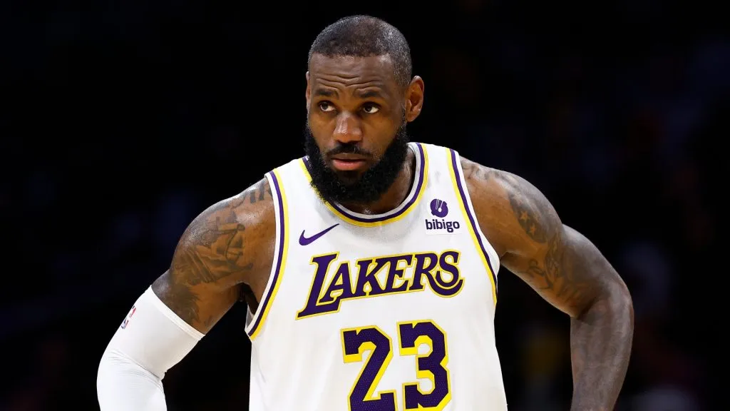 LeBron James #23 of the Los Angeles Lakers during game four of the Western Conference First Round Playoffs at Crypto.com Arena on April 27, 2024 in Los Angeles, California