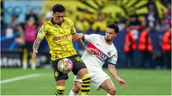 Jadon Sancho of Borussia Dortmund in duel against Zaire Emery of PSG