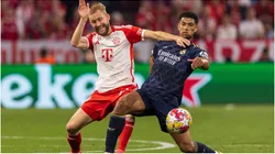 Bayern's Konrad Laimer in a duel with Madrid's Bellingham