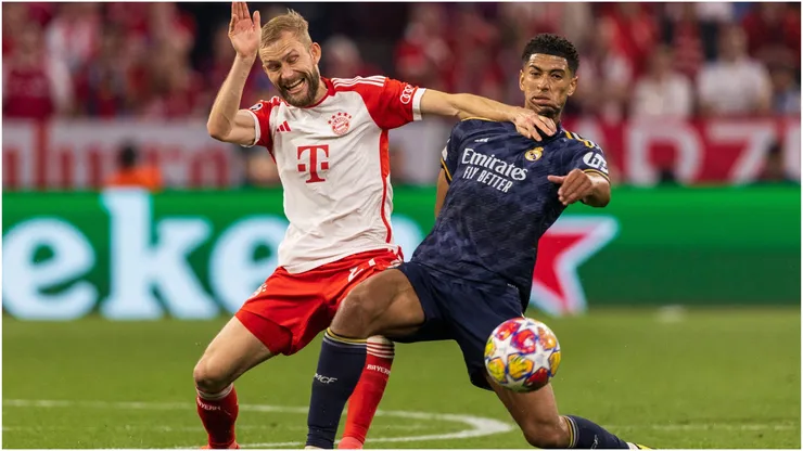 Bayern's Konrad Laimer in a duel with Madrid's Bellingham