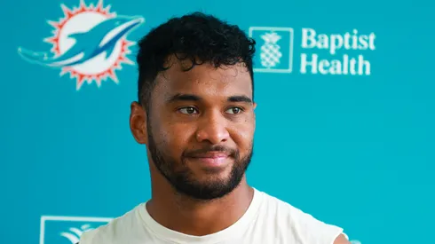 Tua Tagovailoa looks on during a press conference.