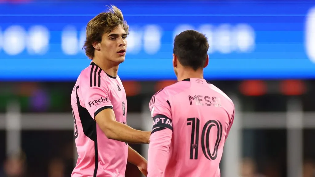 Benjamin Cremaschi #30 and Lionel Messi #10 of Inter Miami react during the second half in the game against the New England Revolution at Gillette Stadium on April 27, 2024 in Foxborough, Massachusetts.