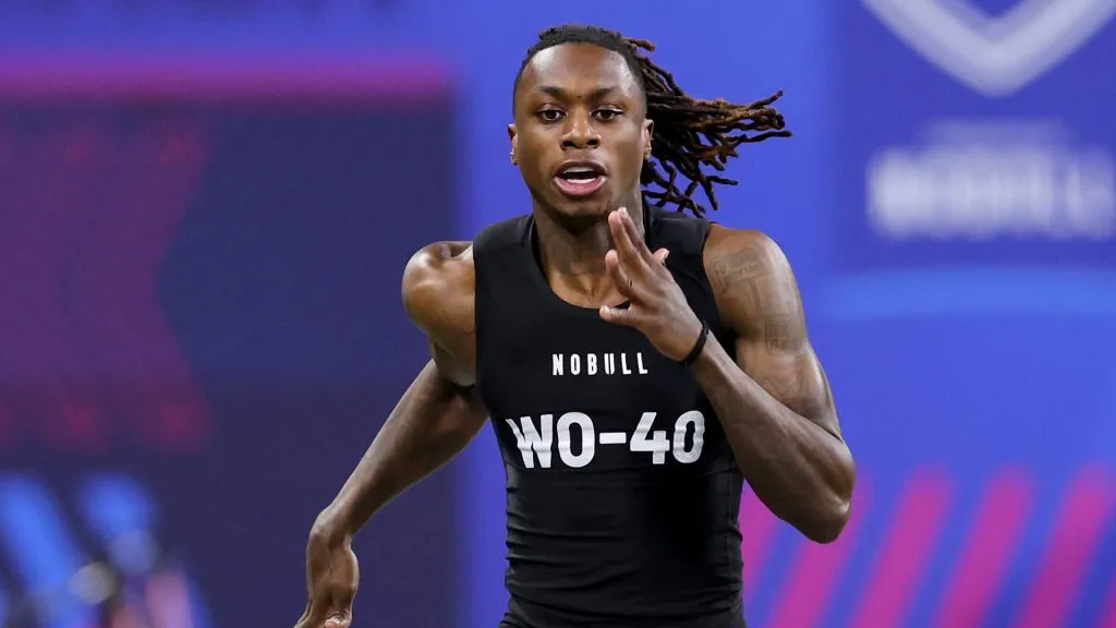 Xavier Worthy #WO40 of Texas participates in the 40-yard dash during the NFL Combine at Lucas Oil Stadium on March 02, 2024 in Indianapolis, Indiana.