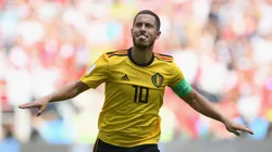 Eden Hazard of Belgium celebrates after scoring during the 2018 FIFA World Cup Russia group G match between Belgium and Tunisia