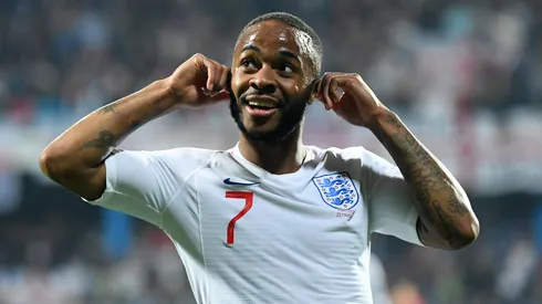 Raheem Sterling of England celebrates after scoring his team's fifth goal during the 2020 UEFA European Championships Group A qualifying match between Montenegro and England