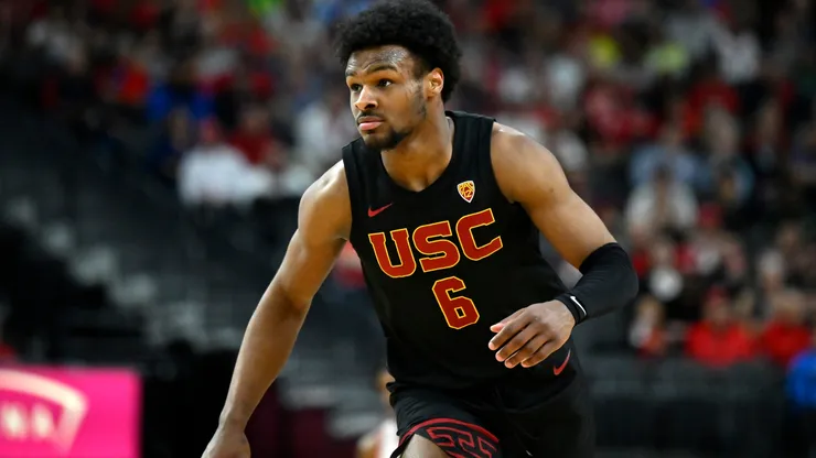 Bronny James #6 of the USC Trojans looks on in the second half of a quarterfinal game against the Arizona Wildcats during the Pac-12 Conference basketball tournament at T-Mobile Arena on March 14, 2024 in Las Vegas, Nevada.