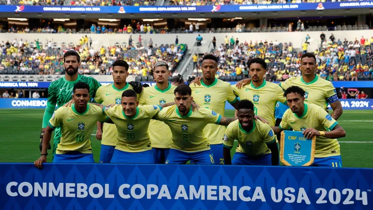 Players of Brazil pose for a team photo during the CONMEBOL Copa America 2024 Group D match between Brazil and Costa Rica at SoFi Stadium on June 24, 2024 in Inglewood, California.